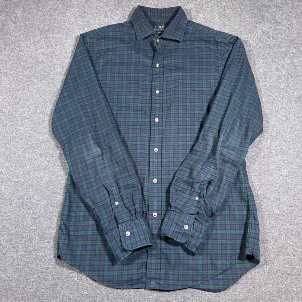 Polo Ralph Lauren Button Up Shirt Mens M Green Tartan Plaid Slim Fit Long Sleeve